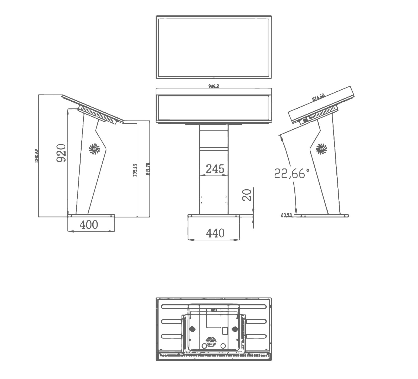 Plano técnico dimensional Soporte K para kioskos LCD Yovisual — vistas frontal, lateral y superior con cotas