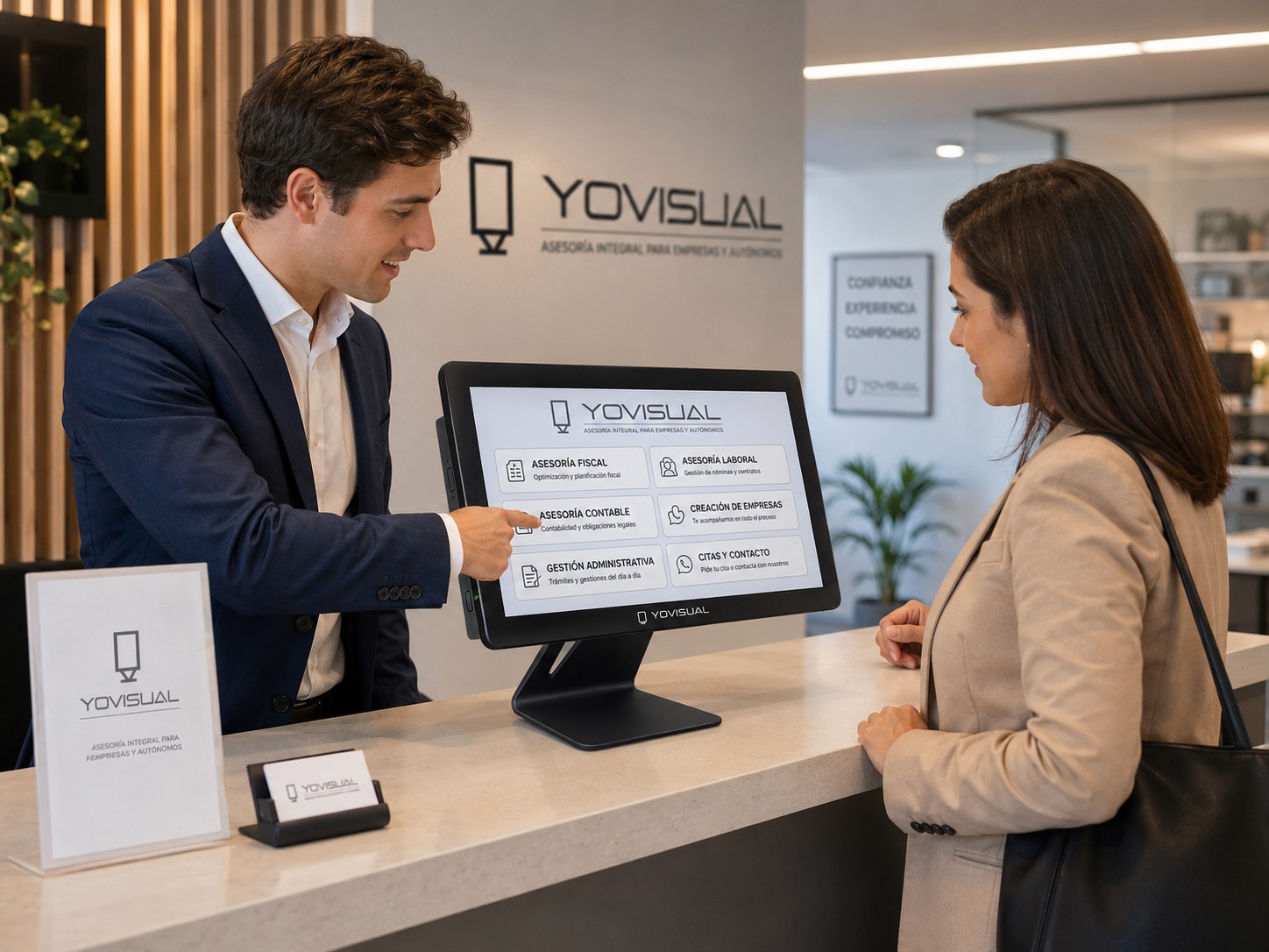 Pantalla de sobremesa para recepción corporativa