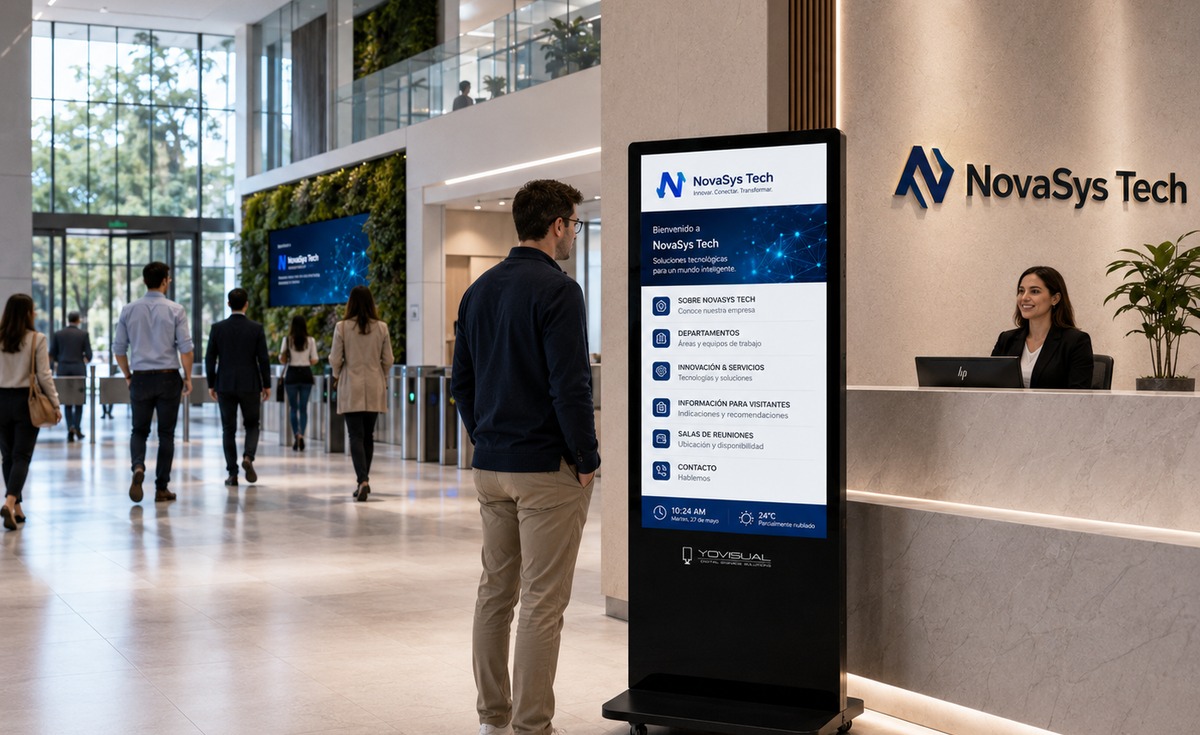 Tótem vertical digital para vestíbulo corporativo