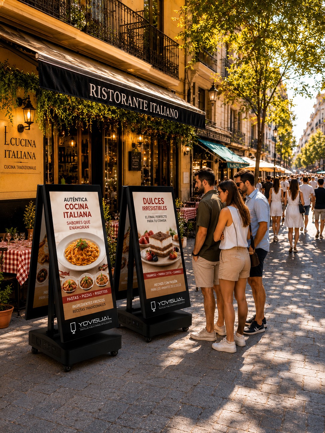 Pantallas publicitarias portátiles dobles con batería en una zona comercial