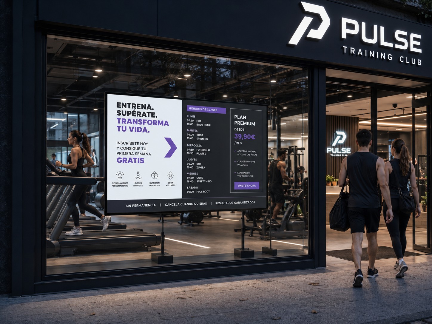 Pantalla de escaparate de alta luminosidad instalada en un gimnasio