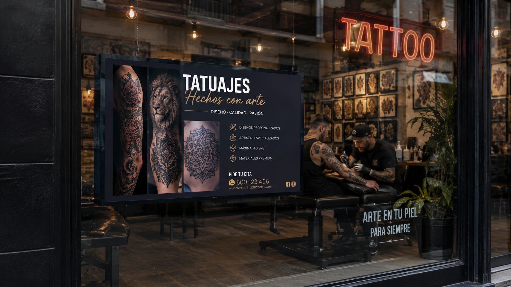 Estudio de tatuajes con pantalla en zona de inspiración y espera