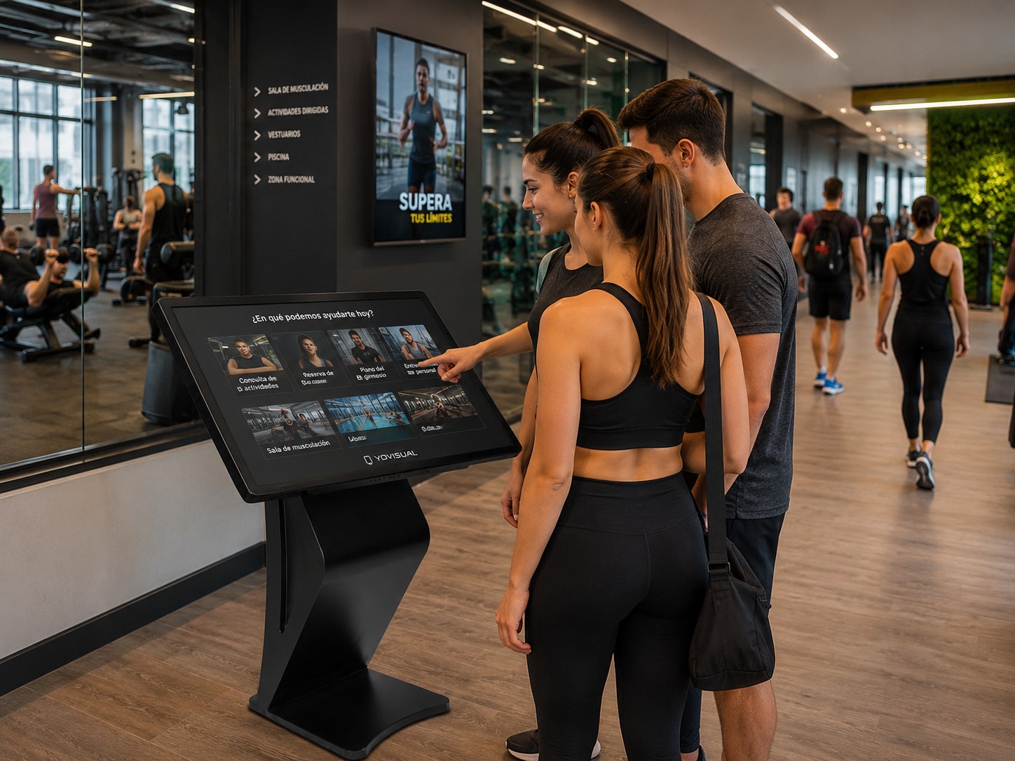 Kiosko táctil interactivo utilizado por clientes de un gimnasio
