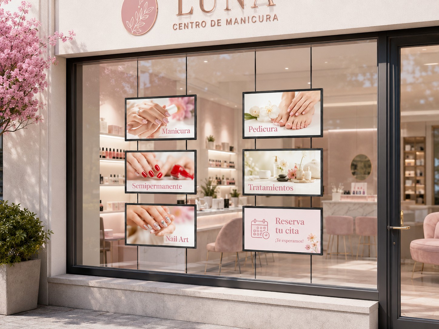 Sistema múltiple colgante en escaparate comercial