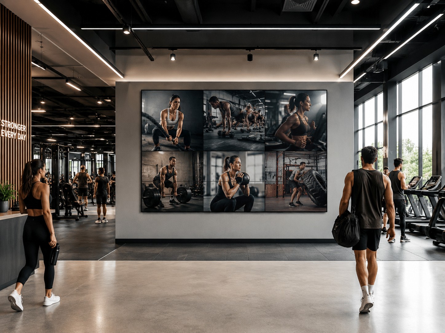Panel modular de nueve pantallas instalado en un gimnasio