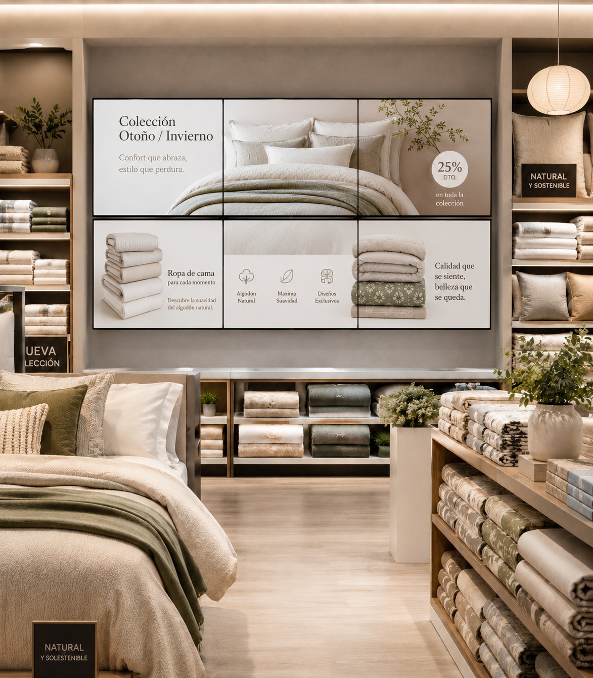 Pantallas publicitarias para ropa de cama y hogar