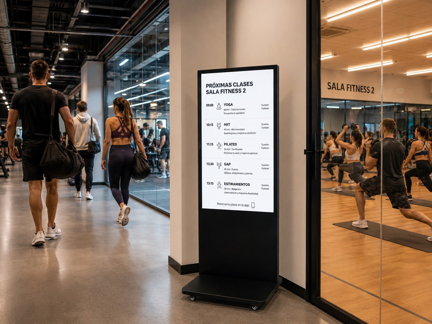 Tótem digital vertical situado junto a una sala de gimnasio