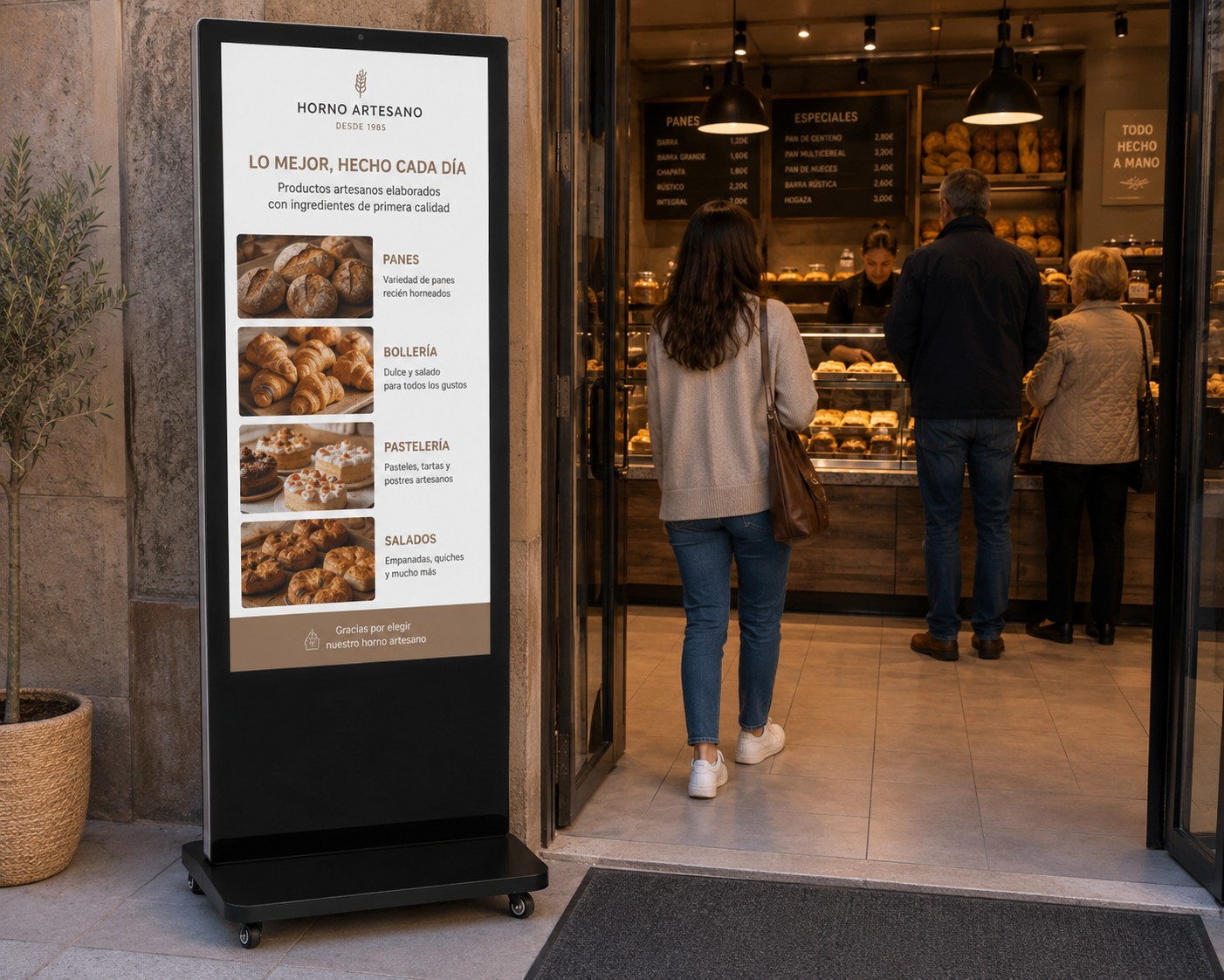 Tótem digital vertical para panaderías y cafeterías