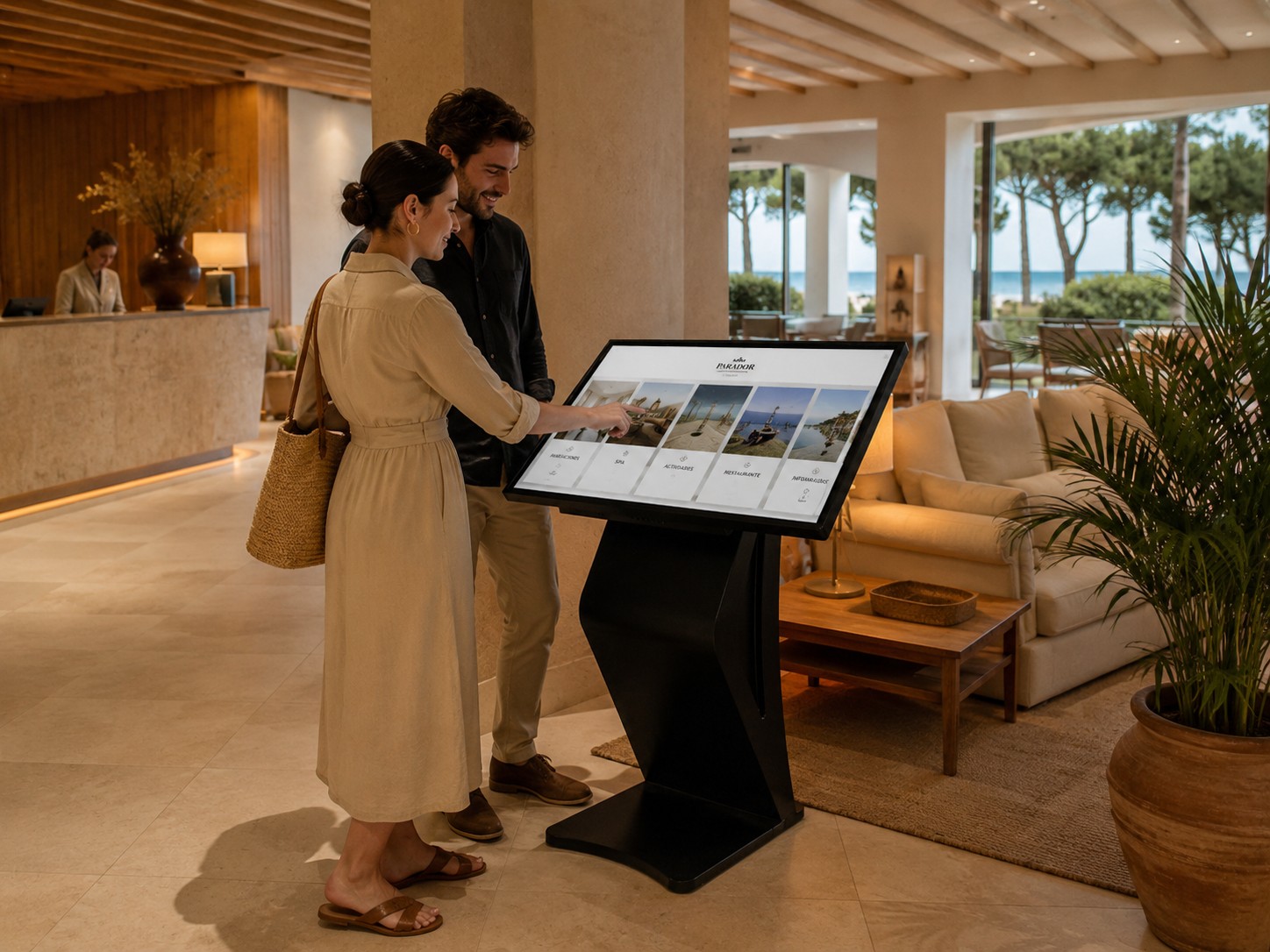 Kiosk táctil de interior para autoservicio, información y orientación en un hotel