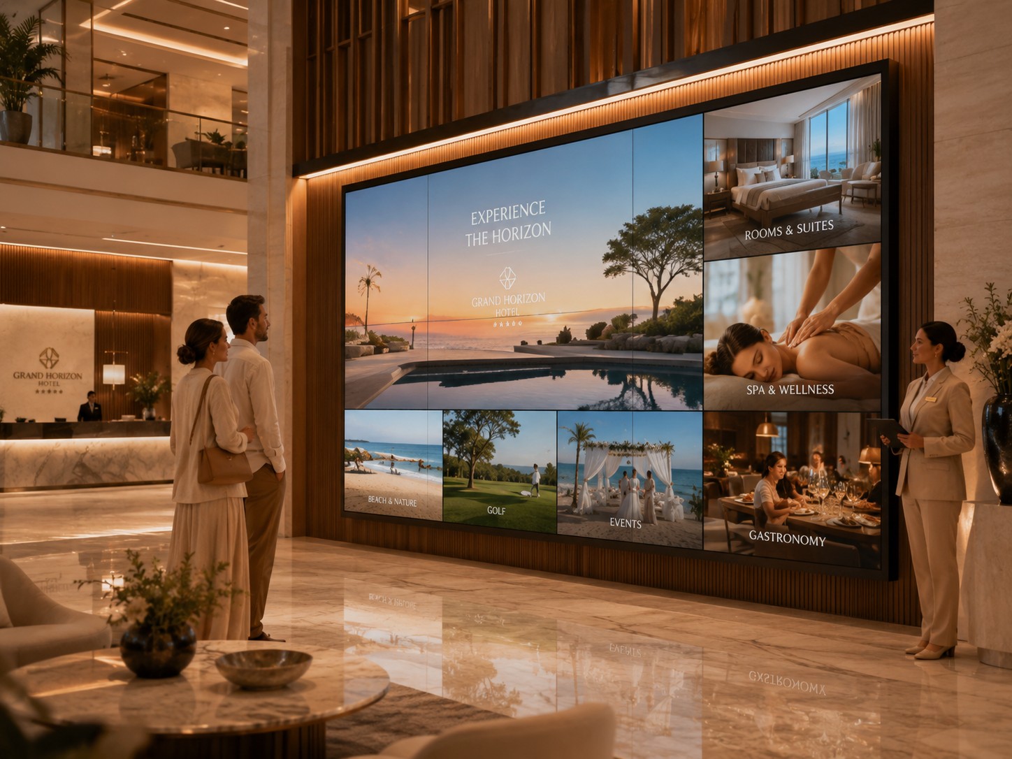 Panel modular LCD instalado en lobby de hotel para contenidos de gran formato