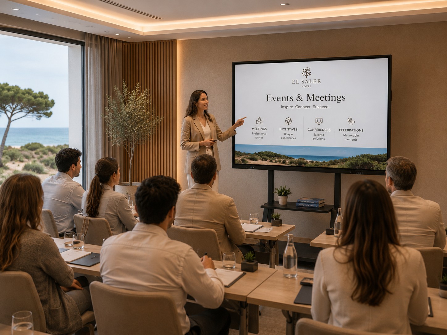 Pizarra interactiva 4K instalada en una sala de reuniones de hotel