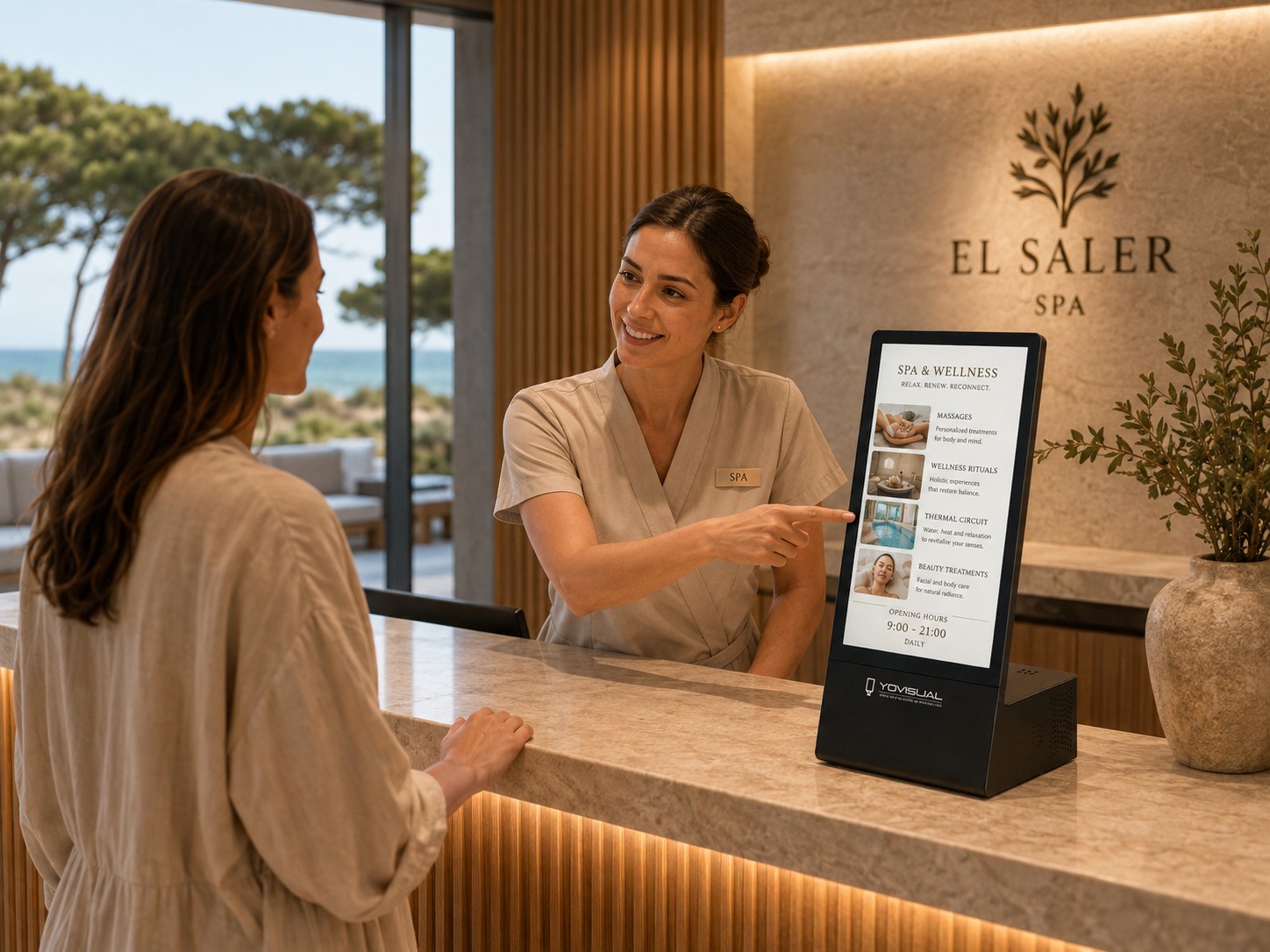 Pantalla publicitaria de sobremesa en el mostrador de recepción de un hotel