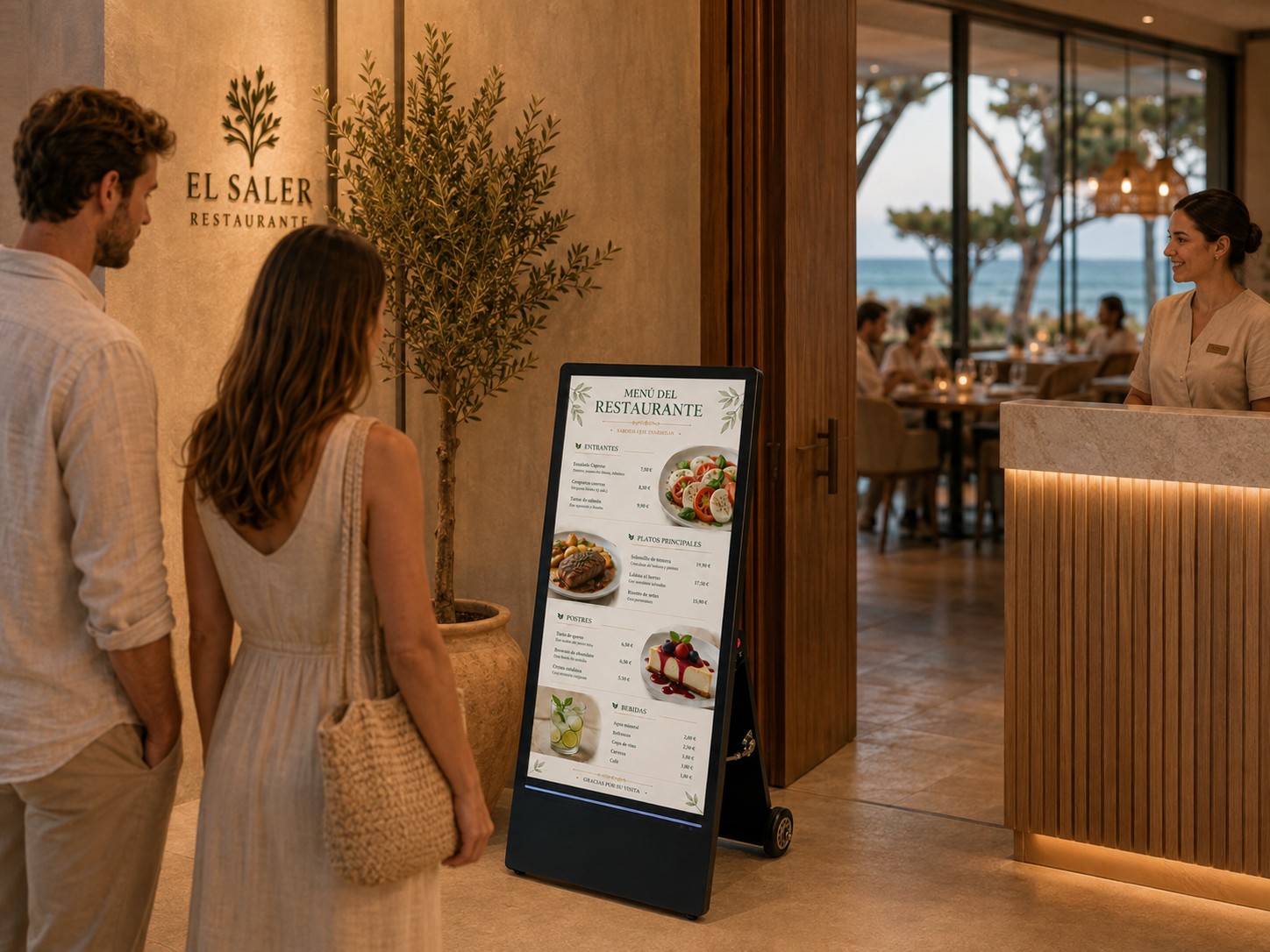 Pantalla publicitaria portátil con batería para restaurante y terraza de hotel