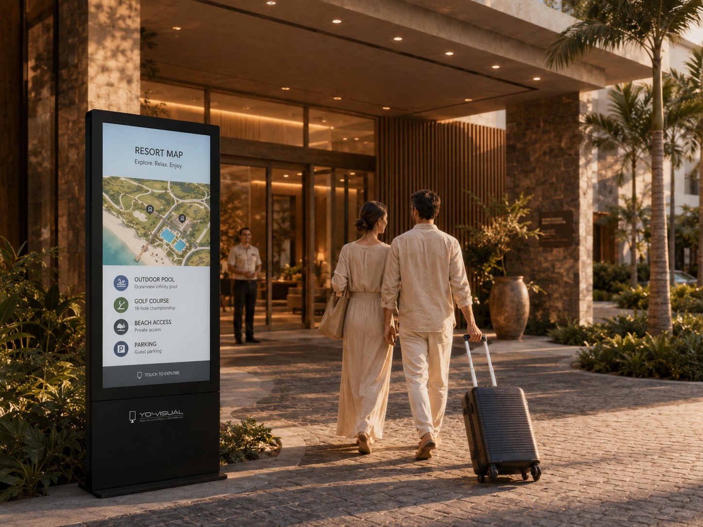 Tótem exterior LCD de alta luminosidad para acceso y fachada de hotel