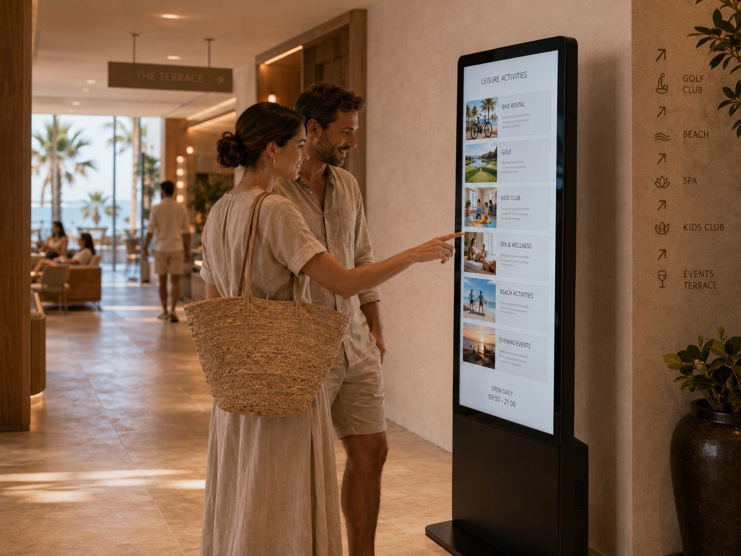 Pantallas publicitarias para hoteles con tótem LCD de interior en lobby y recepción