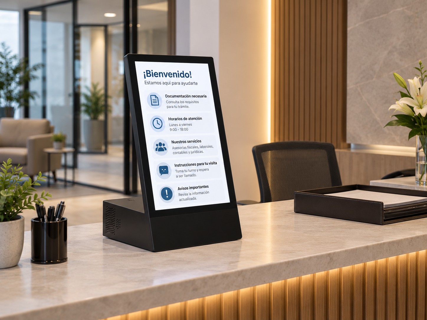 Pantalla de sobremesa en recepción