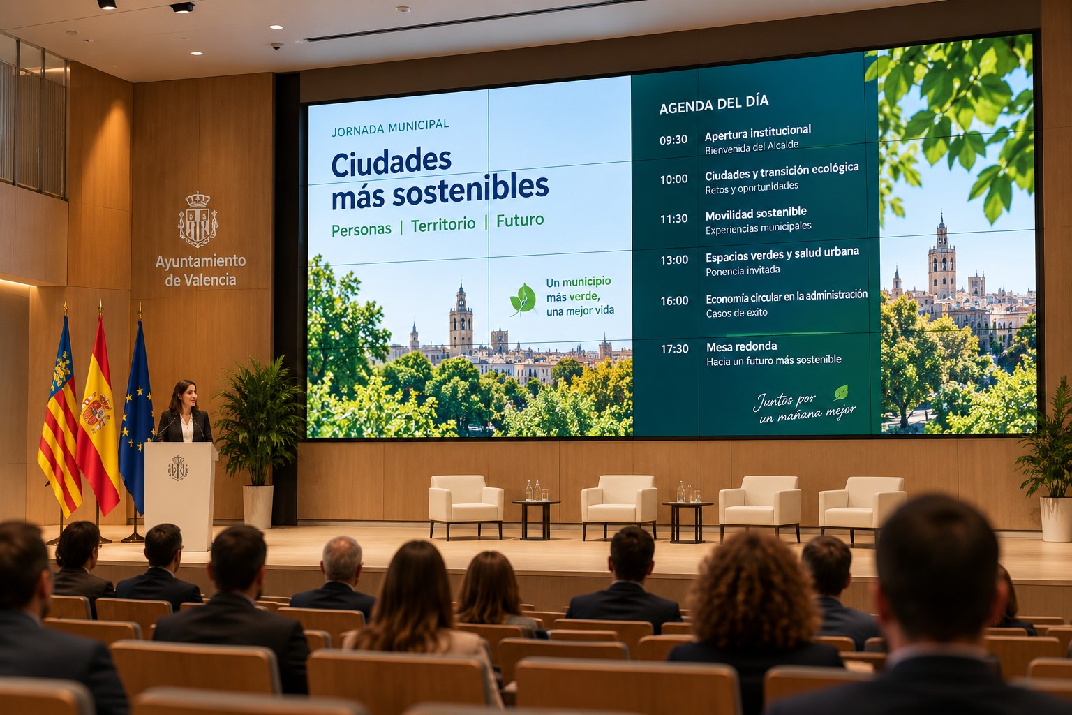 Pantalla de gran formato en auditorio o salón de actos público