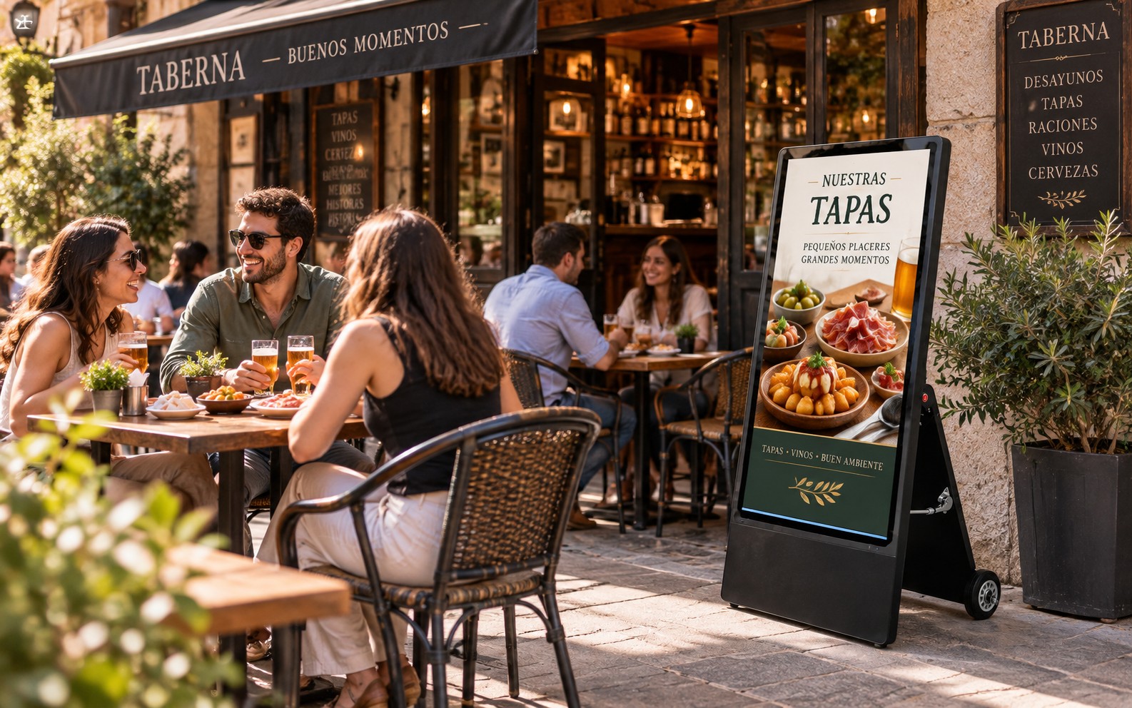 Tótem digital mostrando contenido en el interior de un restaurante
