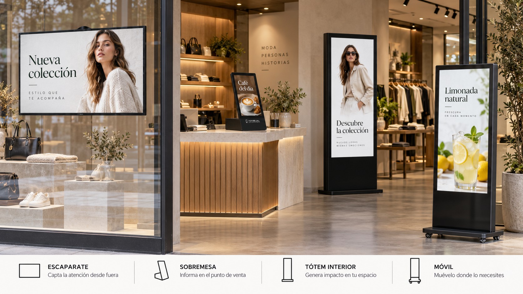 Tipos de pantallas publicitarias para interior escaparate y exterior