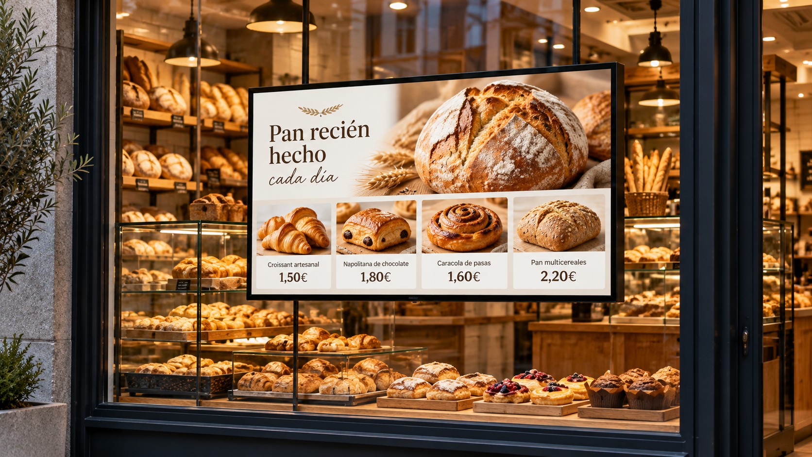 Pantalla instalada en escaparate de panadería