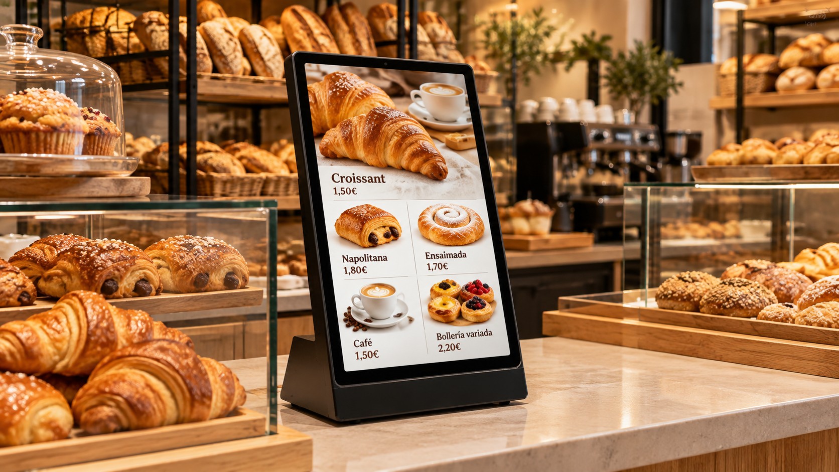 Pantalla de sobremesa en mostrador de panadería