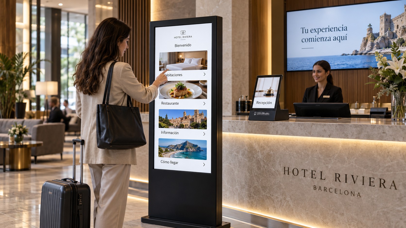 Persona utilizando una pantalla publicitaria interactiva