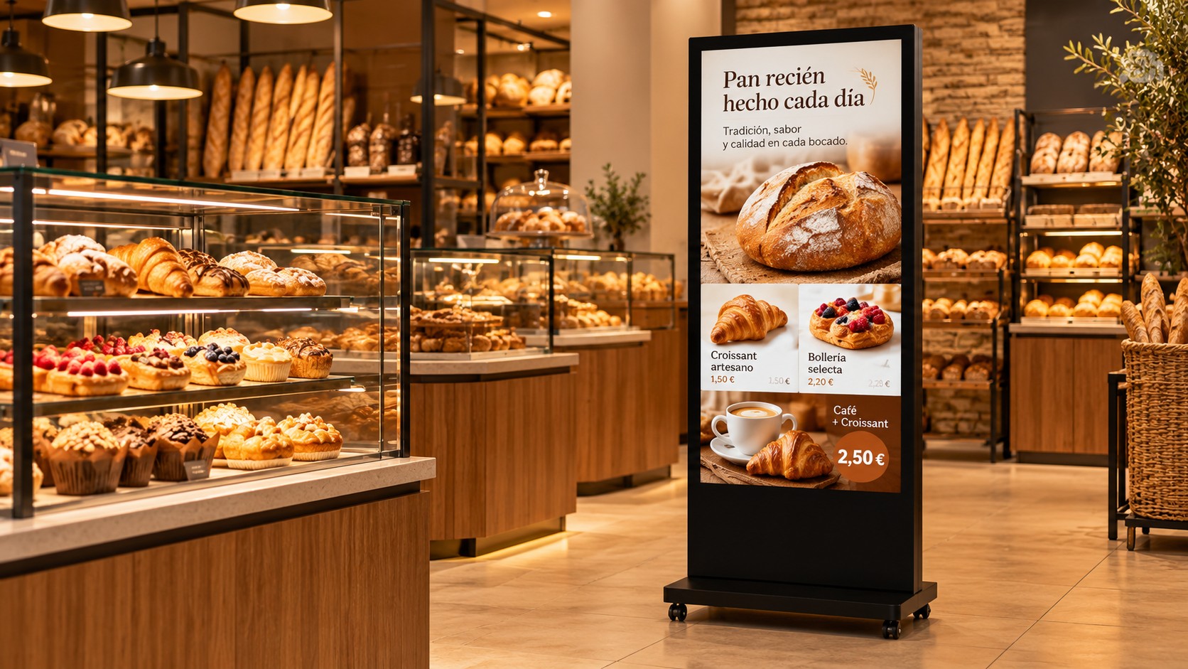Tótem digital en zona interior de panadería