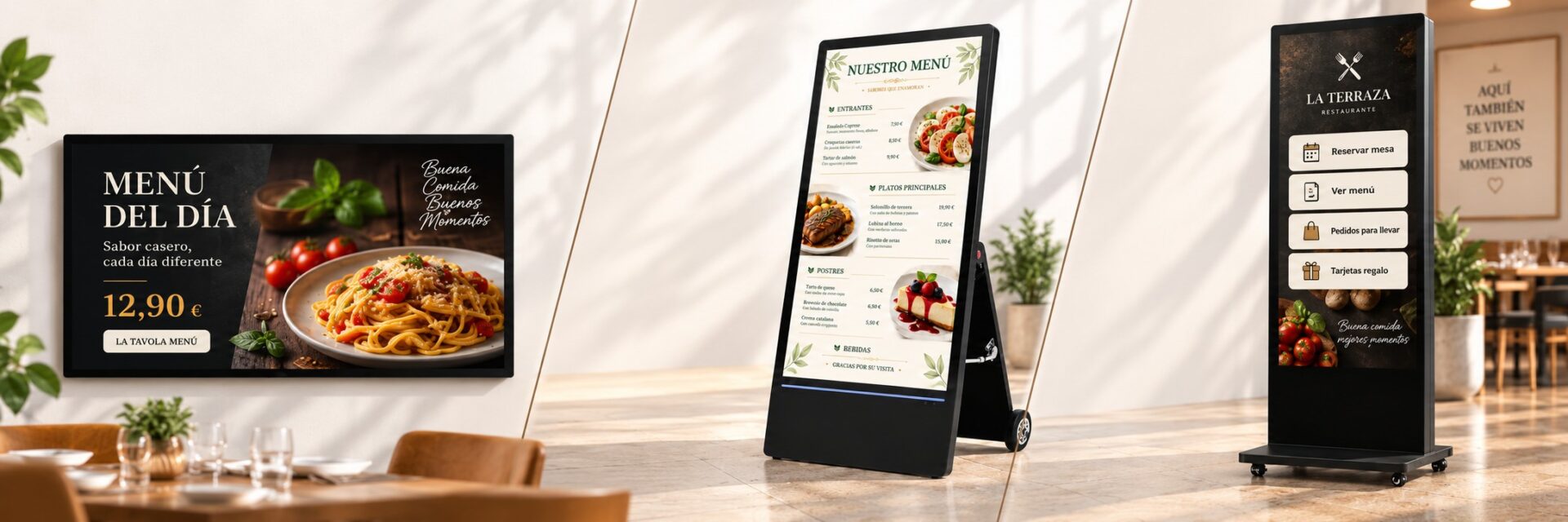 Pantalla publicitaria de escaparate en un restaurante