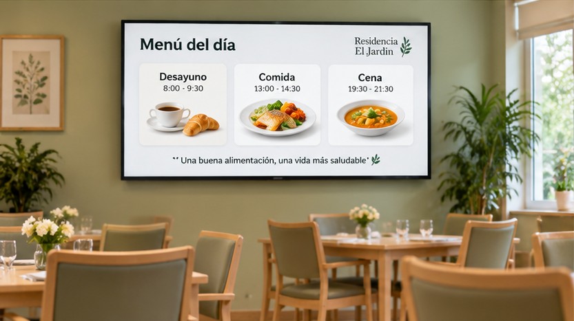 Pantalla informativa en comedor de residencia
