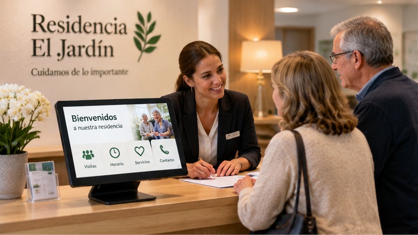 Pantalla de sobremesa en recepción de residencia