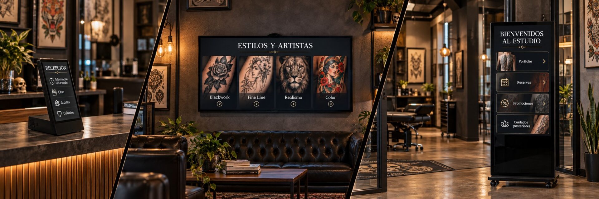 Estudio de tatuajes con comunicación digital en escaparate