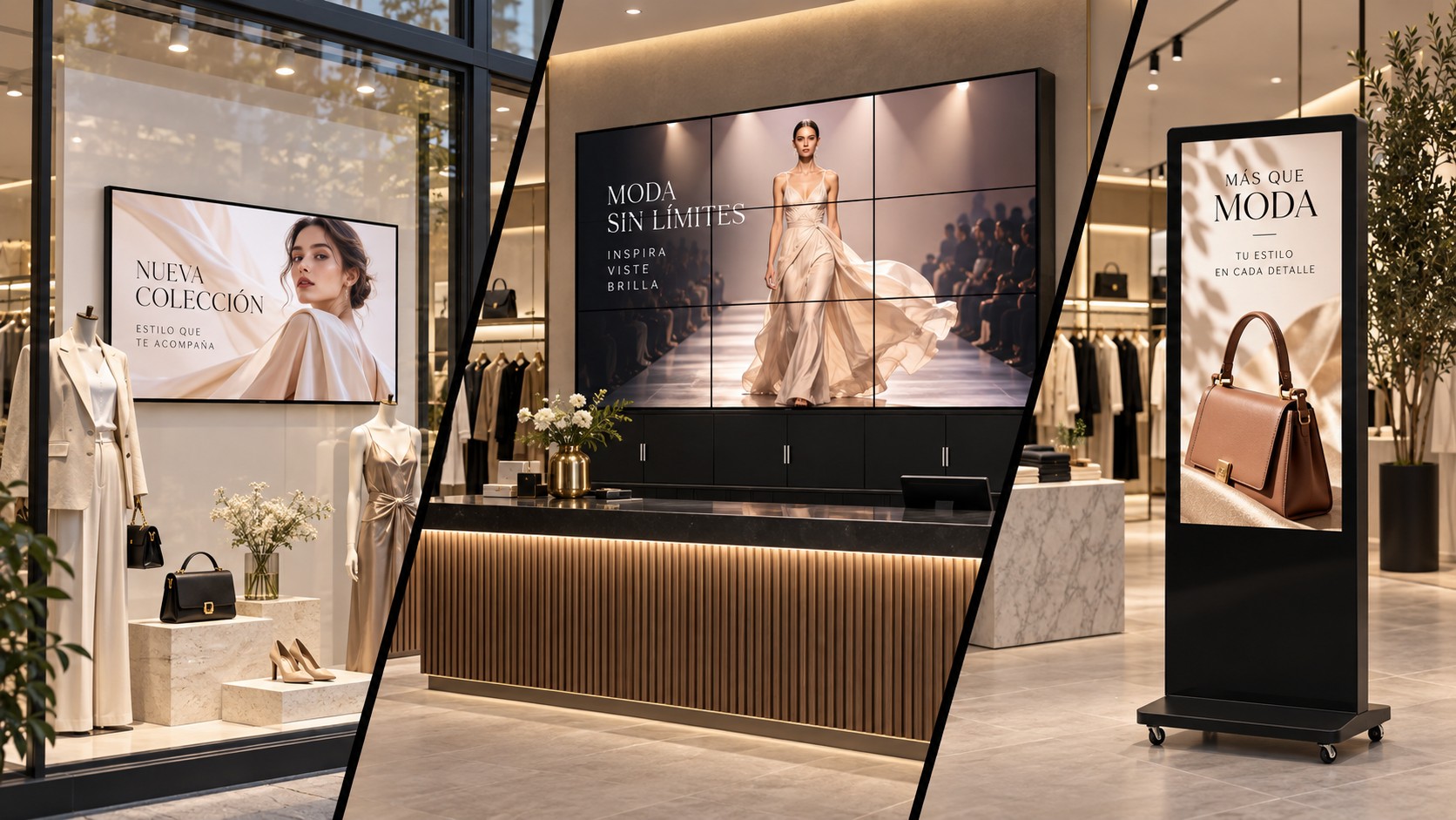 Panel modular con contenido de campaña en una tienda de moda