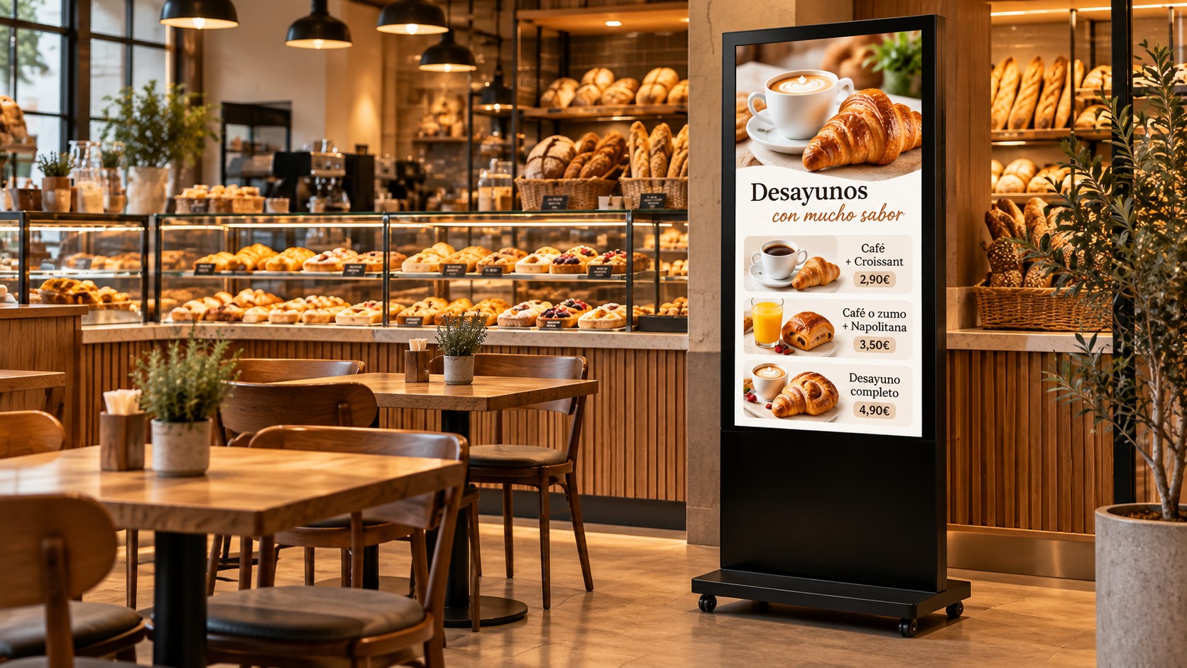 Pantalla digital integrada en panadería con zona de cafetería